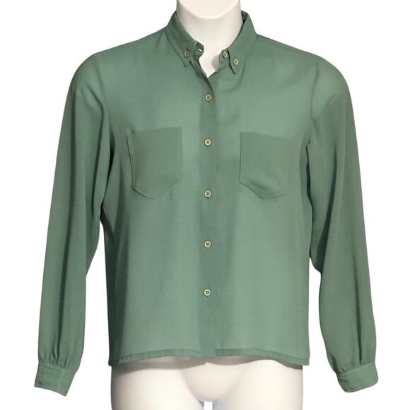 Vintage 70s Business Blouse Sheer Button Up Top Size 12 Retro Sage Green Pockets - Picture 1 of 5